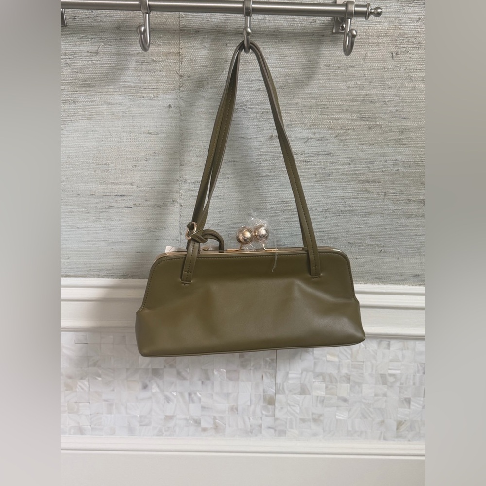 NWT new Anthropologie faux leather east west bag purse moss Green olive + mini - Picture 8 of 16